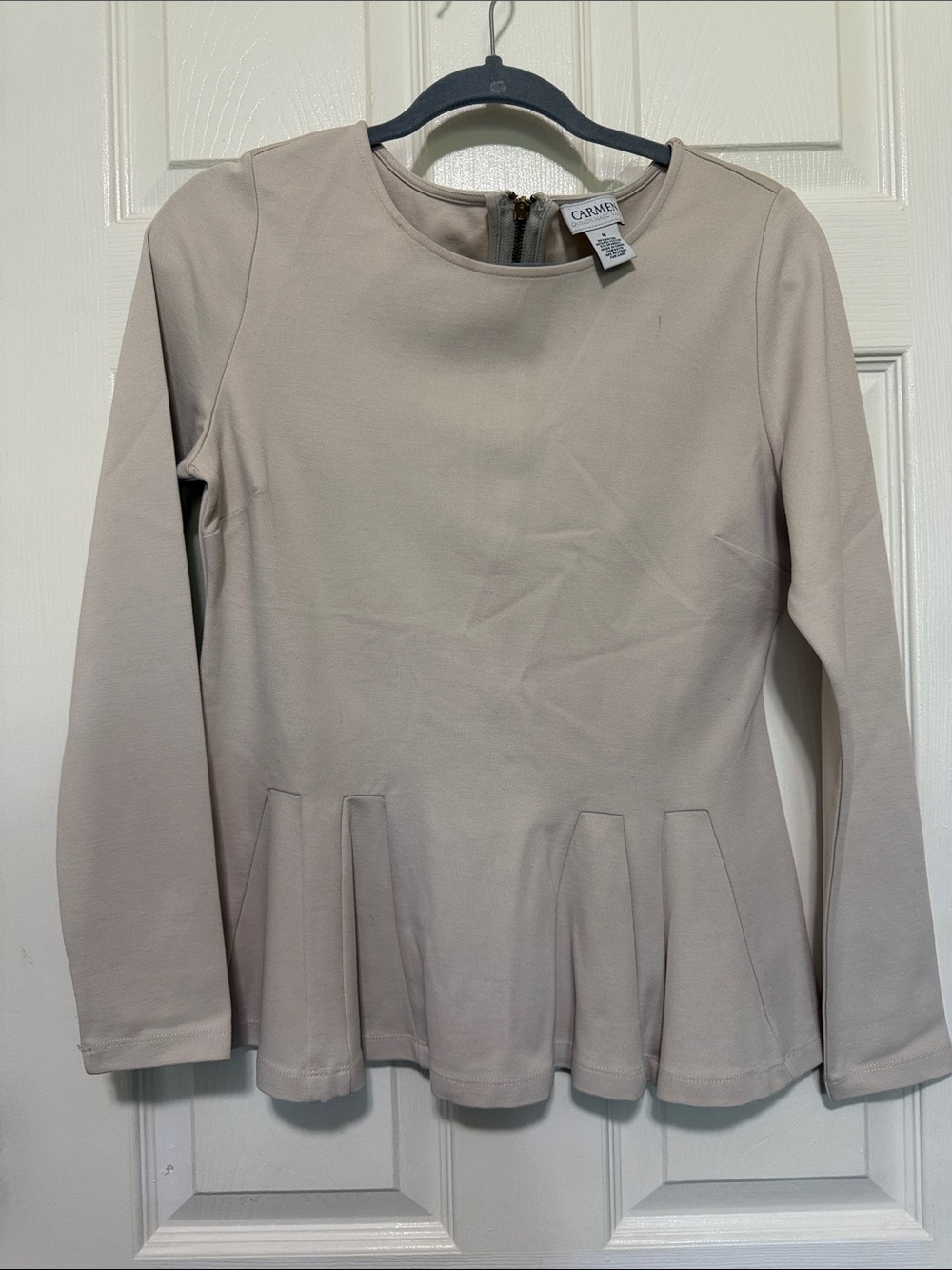 Carme Long-Sleeve Peplum Top in Light Taupe